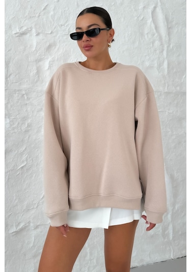 Modagen Kadın Bej Bisiklet Yaka Yanı Yarım Fermuar Detaylı Sweatshirt Bej