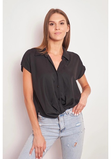 Likrasız Şık Kumaş Yakalı Düşük Omuzlu Önü Pileli Gömlek-siyah Siyah