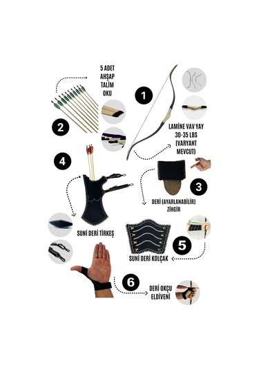 Geleneksel Okçuluk Lamine 'vav' Set- Vav Yay + 5 Ok + Zihgir + Tirkeş + Kolçak + Eldiven