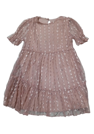 Kız Çocuk Çiçek Desenli Astarlı Midi Boy Gül Kurusu Elbise Gülkurusu