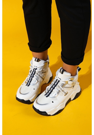 Clara Beyaz Laci Fermuarlı Ve Bağcıklı Kadın Spor Bot Beyaz - Lacivert