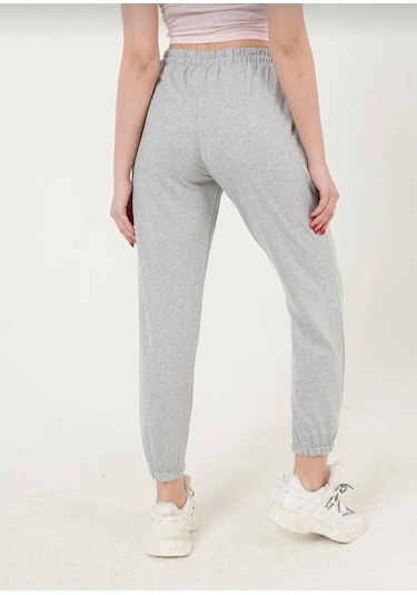 Düz Basic Eşofman Altı Jogger - Gri Lastik Paça Yüksel Bel Gri
