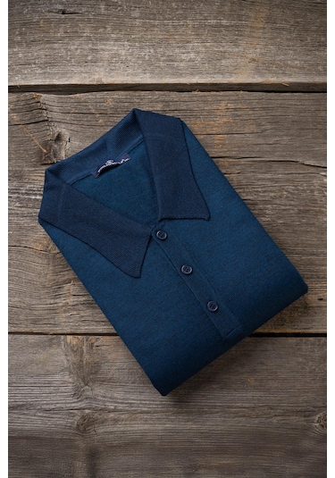 Woolen World Polo Yaka Battal Büyük Boy Yünlü Triko Kazak İndigo