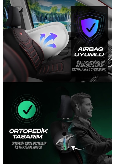 Siyah - Kırmızı Panda Manavgat Serısı Lakos Kumaş Oto Koltuk Kılıfı - Tam Set