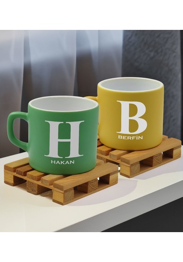 Bk Gift Kişiye Özel İsimli 2li Yeşil Ve Sarı Renkli Middle Çay & Kahve Fincanı-3, Arkadaşa Hediye, Sevgiliye Hediye Kobitmeyencom32660 Bk Gift