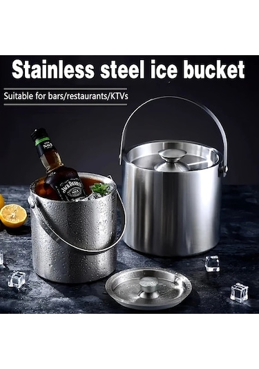 Cordial 1 Adet 3l 304 Paslanmaz Çelik Buz Kovası Kalınlaştırılmış Taşınabilir Kapaklı Çift Katmanlı Yalıtımlı Ev Bar Restoran Kullanımı Ahşap