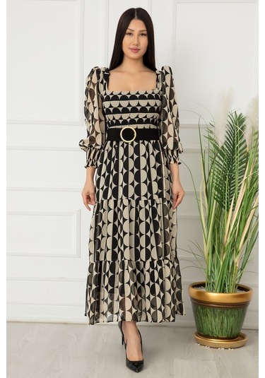 Kalopya Bayan Göğüs Büzgülü Şifon Elbise 9027 Ekru