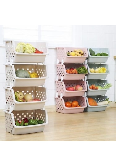 Pazly Bej Dayanıklı Depolama Organizatörü, İstiflenebilir Mutfak Ve Kiler İçin Meyve-sebze Sepeti Bej