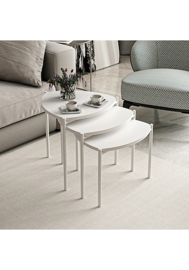 Minar Lenny 3 Lü Metal Ayaklı Zigon Sehpa - Beyaz