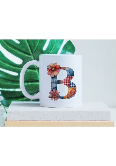B Harfli Retro Çiçekli Kupa Bardak - Patchwork Tarz Yamalı Desenli İsme Özel Kupa - Hediye Beyaz