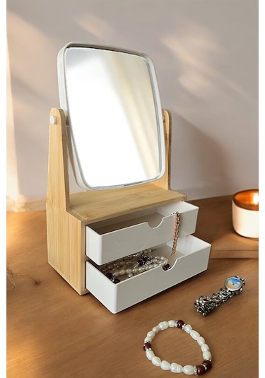 İronika Bambu 2 Çekmeceli Aynalı Makyaj Organizeri Saat Kolye Yüz