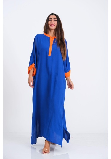 Kadın Saks Mavi Sırtı Palmiye Nakışlı Yarasa Kol Oversize Uzun Elbise - Saks Mavi Saks Mavisi