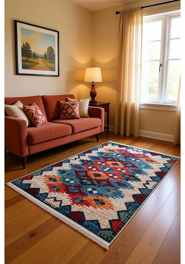 Blghome Kilim Desen Modern Halı Dekoratif Kilim Bej - Mavi