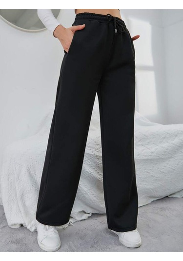 Kallima Kışlık Polarlı Yüksek Bel Siyah Bol Paça Eşofman Altı Siyah