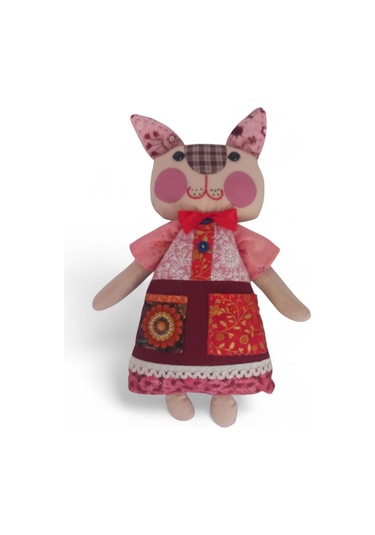 Kedi Hanım Patchwork Kırmızı Yanak Bez Bebek Patchwork