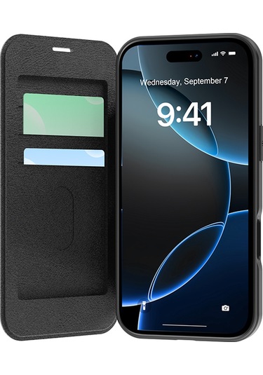 İphone 17 Pro Max Uyumlu Kılıf M-safe Şarjlı Raptic Air Folio Şeffaf Kartlıklı Kapaklı Kılıf Siyah