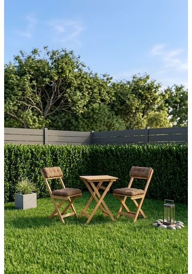 Duo Balkon Bahçe Mutfak Katlanır Masa Bej Rengi Minderli Sandalye Bistro Set Kahverengi