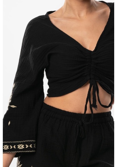 Uzun Kol Günışığı Büzgü Detaylı Yazlık Müslin Bluz Siyah Syh-siyah Siyah