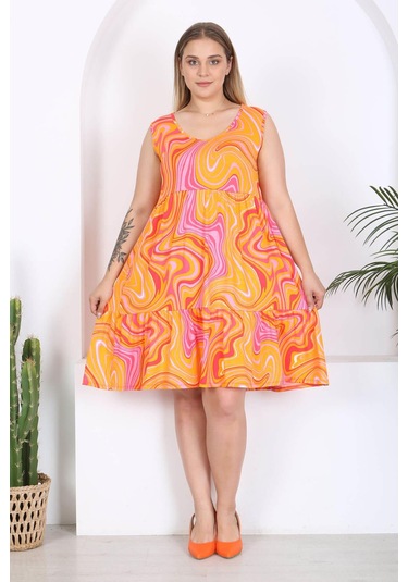 Kadın Turuncu Pembe Ebru Desen Büyük Beden Katlı Elbise Turuncu