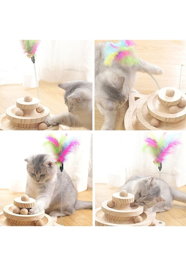Ahşap Kedi Oyuncağı 3 Katlı Toplu Zeka Oyuncağı & Tüylü Olta Seti