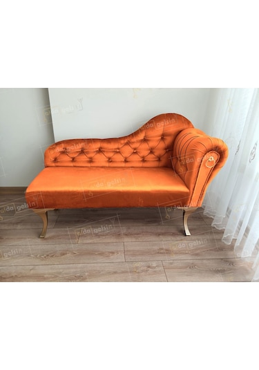 Ters Kol Dekoratif Bihter Koltuk Josefin Puf 120 Cm Gold Ayak Turuncu