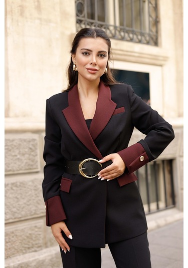 Gold Kemerli Garnili Kruvaze Takım Siyah Siyah