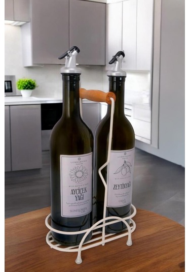 Digithome Petra 2'li Krem Metal Standlı Ahşap Saplı Yağdanlık Seti Gümüş Etiketli Amber Yağlık 750 Ml Krem