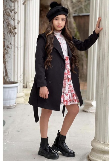 Riccotarz Kız Çocuk Üzeri Dantel İşlemeli Elbise Çift Cep Detaylı Kemerli Siyah Trençkot Siyah