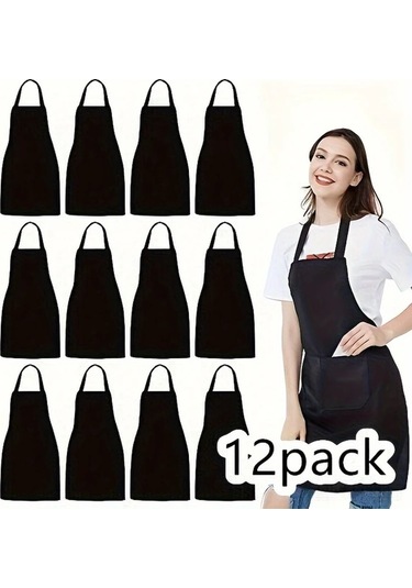 Honeybeeshop Geniş Cepli 12 Adet Siyah Polyester Önlük Üniseks Mutfak El İşi Barbekü Çizim Siyah