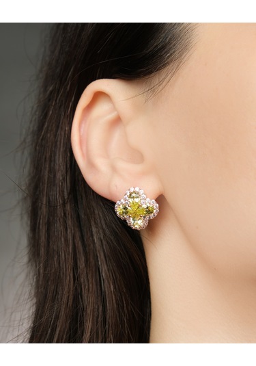 Lekka Design Kadın Kararmaz Çelik Lüks Takı Yeşil Zirkon Taşlı Yonca Küpe Altın