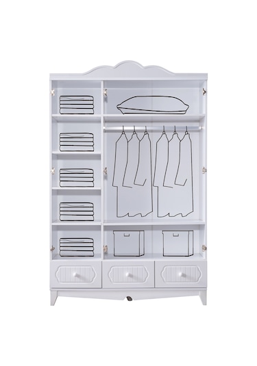 Flower Çocuk Odası Takımı, Flower Yavrulu Karyola, 3 Kapaklı Dolap - Beyaz Renkli