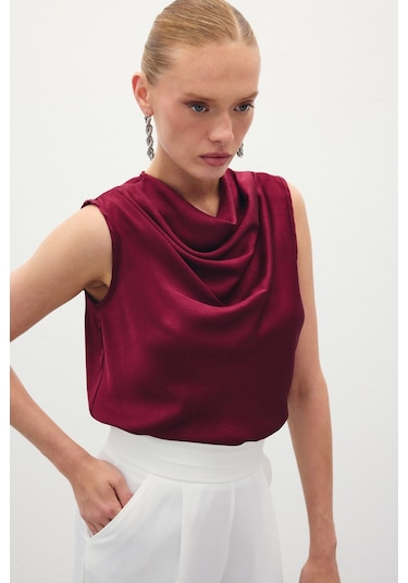 Sateen Degaje Yaka Saten Bluz - Bordo-136198 Bordo