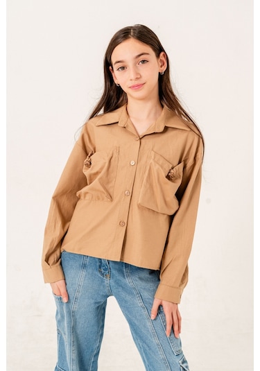 Kız Çocuk Körük Cepli Gömlek 3155 Bej
