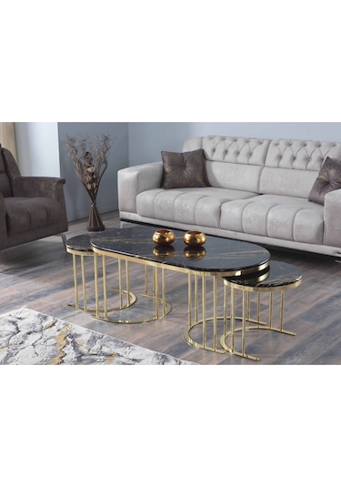 Premium Oval 2+1 Coffee Table Membrane Mdf Orta Sehba Lüx Zarif Tasarım Premium Siyah Gold