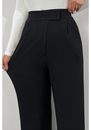 Kadın Likralı Cırt Kapama Lacivert Geniş Paçalı Rahat Palazzo Pantolon Siyah