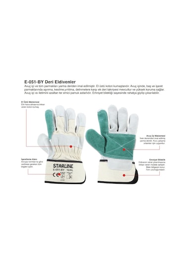 5 Çift Takviyeli Deri Eldiven Starline E-051-by 10 Xl Beden