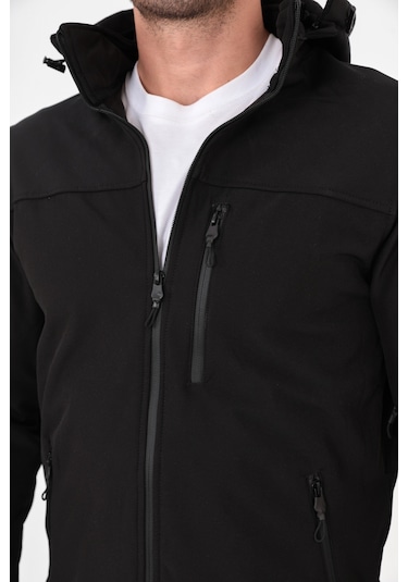 Camp Scoutland CAMP457 Outdoor Softshell Su ve Rüzgara Dayanıklı İçi Polar Seyyar Kapüşonlu Erkek Taktik Mont - Siyah