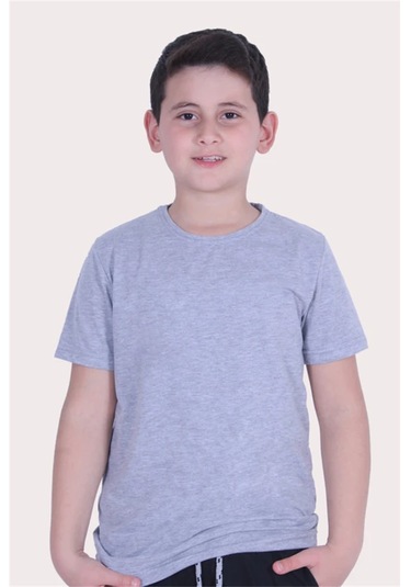 Basic Bisiklet Yaka %100 Pamuk Likralı Düz Unisex Çocuk T-shirt Gri