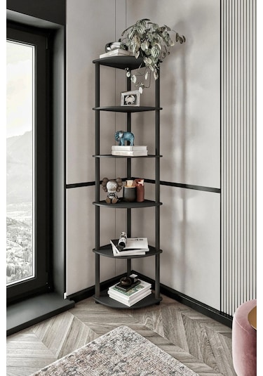 6 Katlı Dekoratif Köşe Kitaplık Siyah Siyah