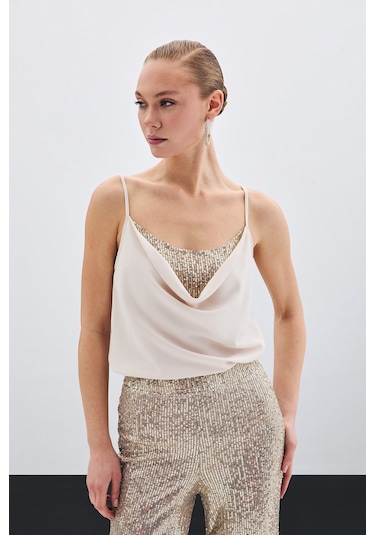 Sateen Degaje Yaka Bluz - Bej-135512 Bej