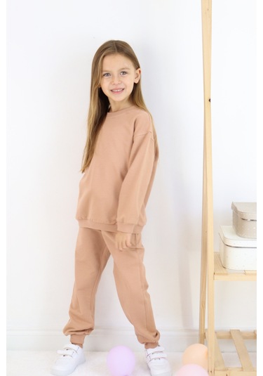 Kız Çocuk İki İplik Basic Eşofman Takımı Kahverengi