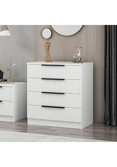 Kale Şifonyer 4 Çekmeceli Çizgili Mebran Beyaz
