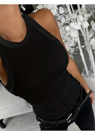 Soonaksesuar Kadın Kolsuz Yuvarlak Yaka Kalın Fitilli Şardonlu Kaşkorse Bluz Siyah