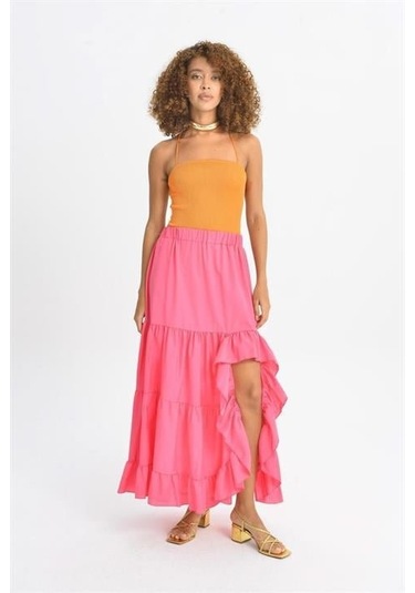 Audrey Fıfrlı Yırtmaç Detay Etek 4037 Fuşya