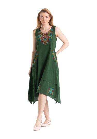 Kolsuz Şile Bezi Antik Nakışlı Midi Boy Elbise Yeşil