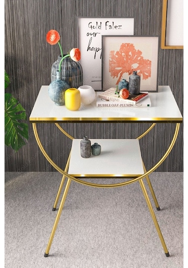 Yan Sehpa Komodin Metal Ayak Çift Gold Beyaz 1975 Beyaz