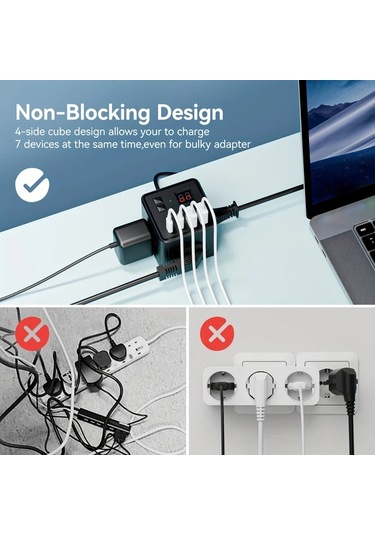 Xuweiwei Siyah 1.5 Metre Uzatma Kablosu 3 Ac Çıkışlı 2 Usb Portlu 2 Type-c Portlu Zamanlayıcılı 7si 1 Arada Ab Güç Şeridi Ev Ofis Seyahat İçin