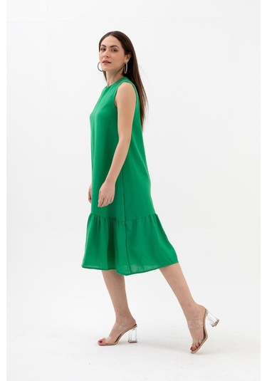 Kristal Keten Kolsuz Kadın Salaş Elbise - Yeşil-yeşil Yeşil