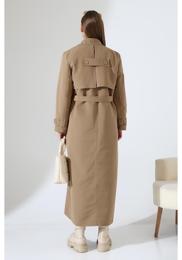 Amazon Keten Kumaş Uzun Boy Düğmeli Astarlı Yumuşak Dokulu Trenç Kot Vizon Vizon