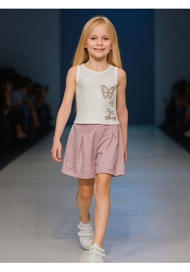 Kız Çocuk Pamuklu Pileli Kelebek Baskılı Şortlu Takım-15889 Çok Renkli